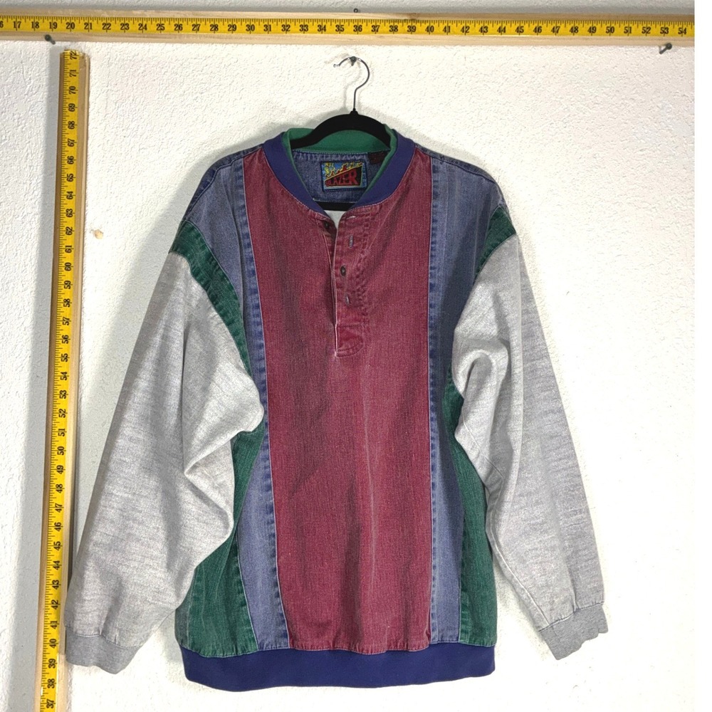 Blazer Multicolor Denim Pullover - XL - Colorblock Henley Vintage 90s Streetwear